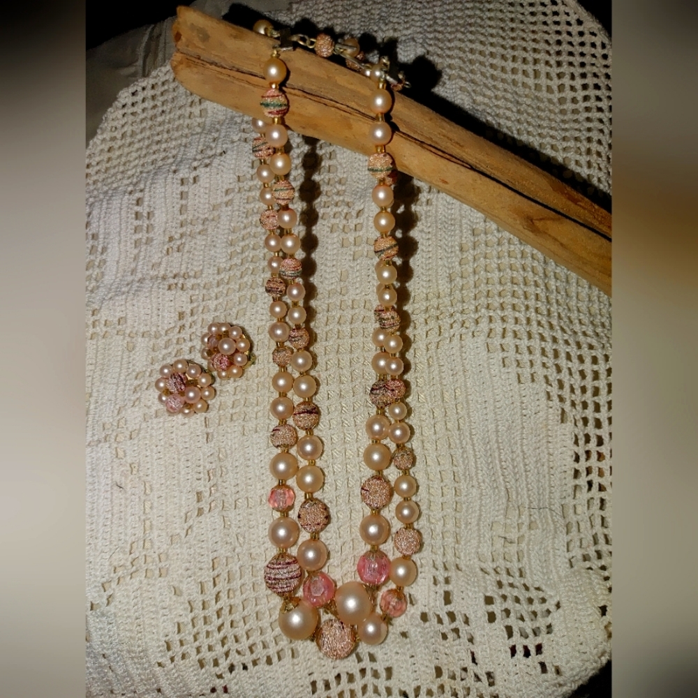 Vintage Pink Faux Pearl Necklace & Earring Set